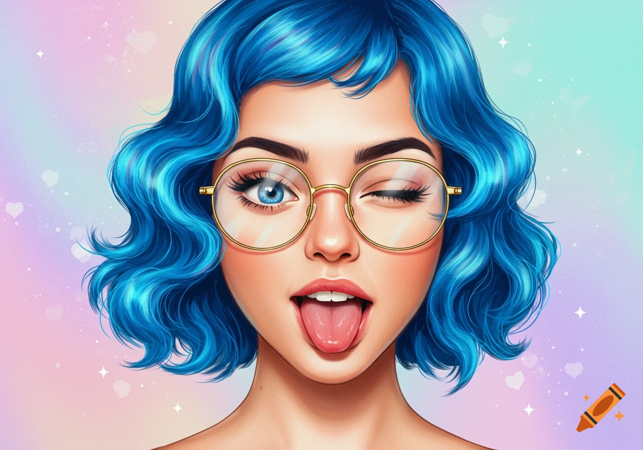 Cartoon illustration of a blue-haired woman in glasses winking, sticking her tongue out, against a pastel background.