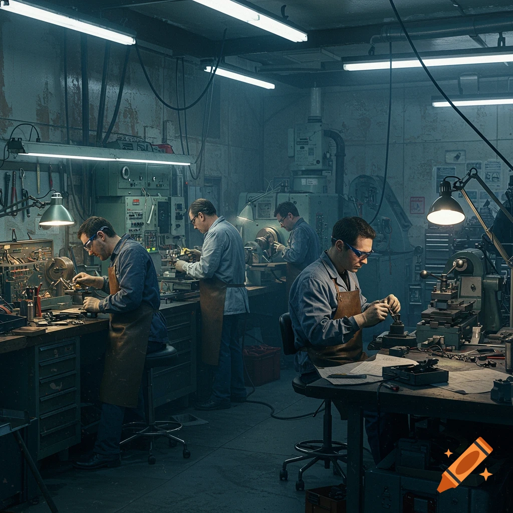 A dimly lit, old-fashioned workshop where several men in aprons and safety glasses are diligently working at various machines and workbenches.