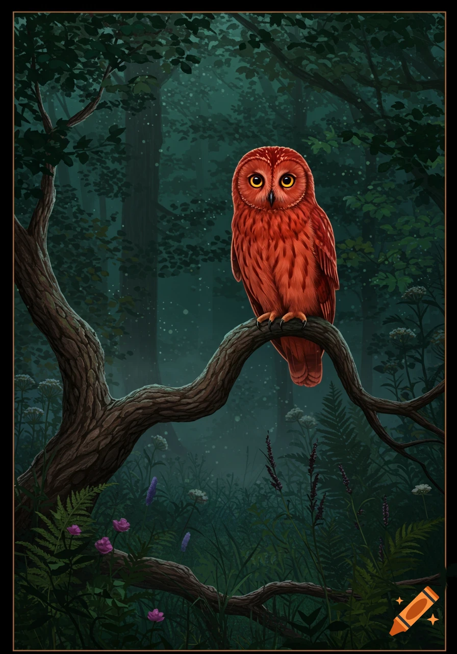 A bright red owl with yellow eyes perches on a gnarled tree branch in a dark, misty fantasy forest.