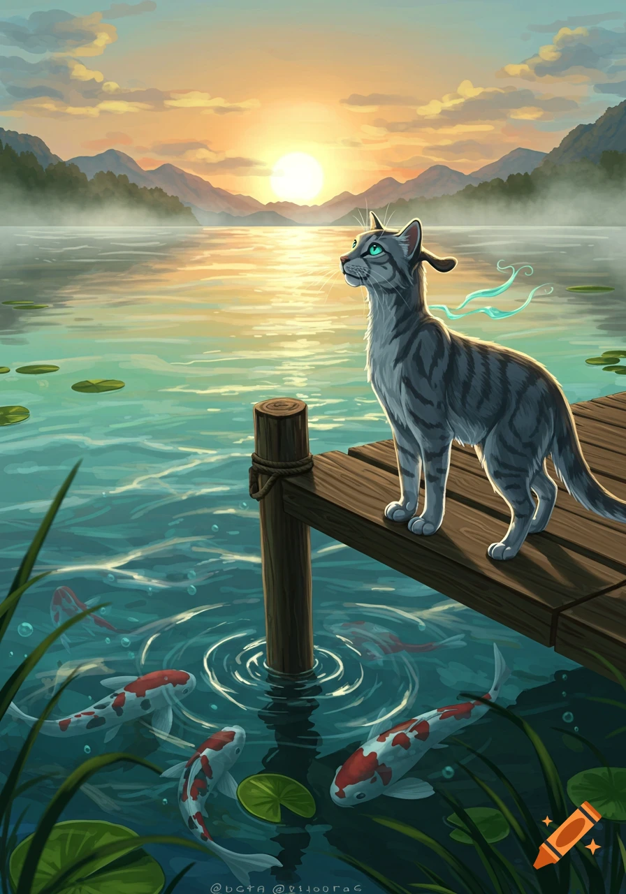 A grey tabby cat stands on a wooden dock by a lake, watching koi fish swim. A golden sunset illuminates the water and mountains.