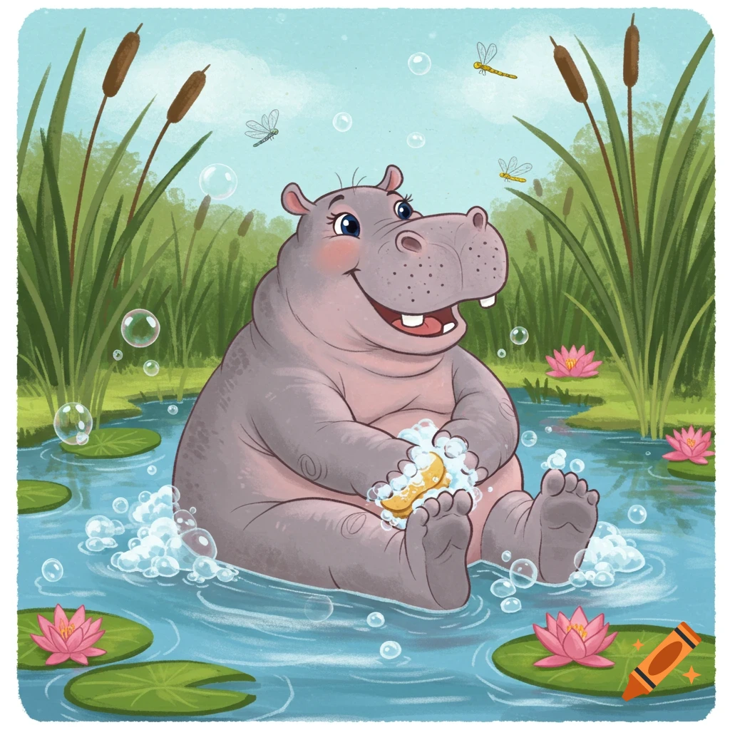 A cheerful cartoon hippo sits in a pond, scrubbing her toes with a sponge amidst bubbles, surrounded by water lilies, cattails, and dragonflies.