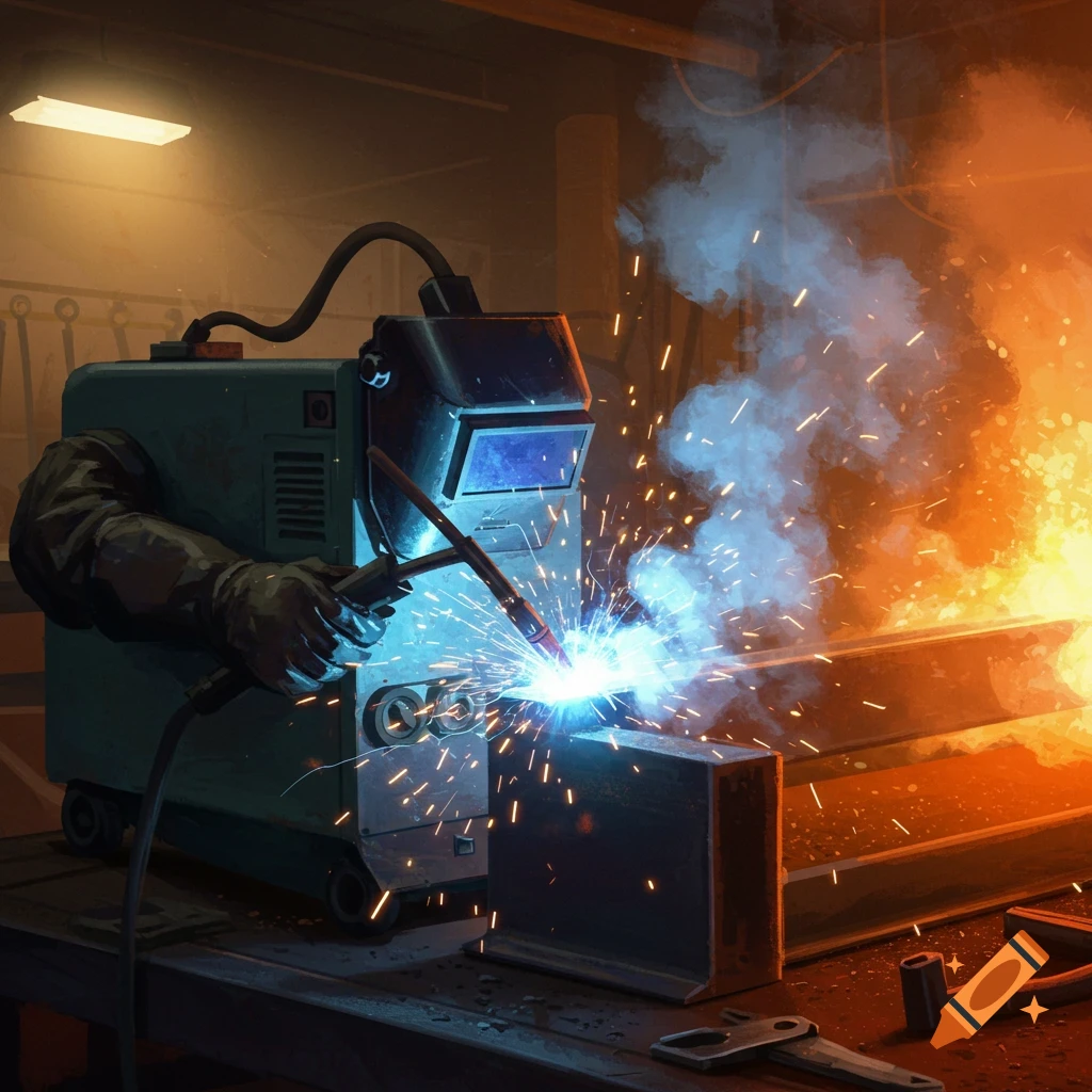 A person in a welding helmet and gloves welds metal with a torch, creating bright sparks and smoke in a dimly lit workshop.