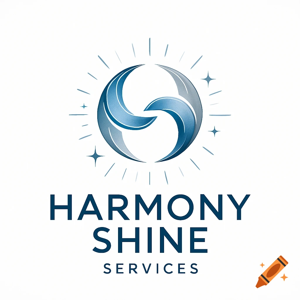 Blue and grey abstract logo with interlocking shapes, radiating lines, and stars above the text 'HARMONY SHINE SERVICES'.