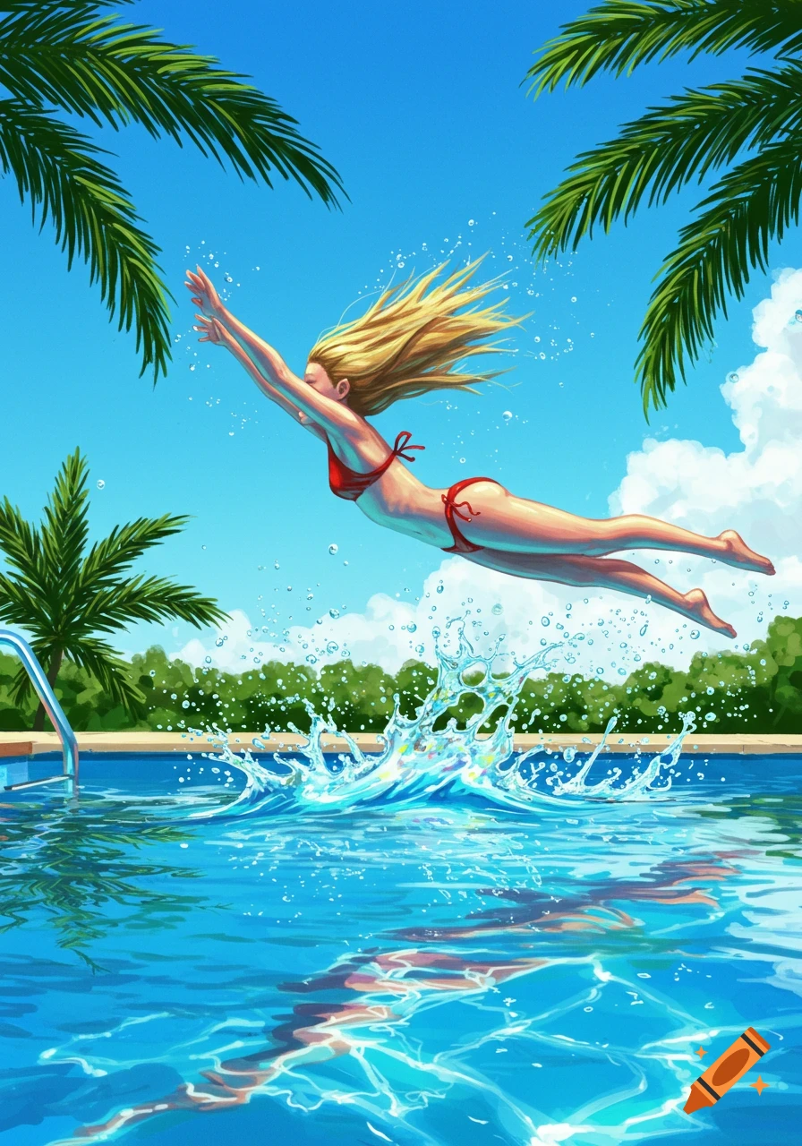 Vibrant illustration of a woman in a red bikini diving into a blue swimming pool, creating a large splash under a sunny sky with palm trees.