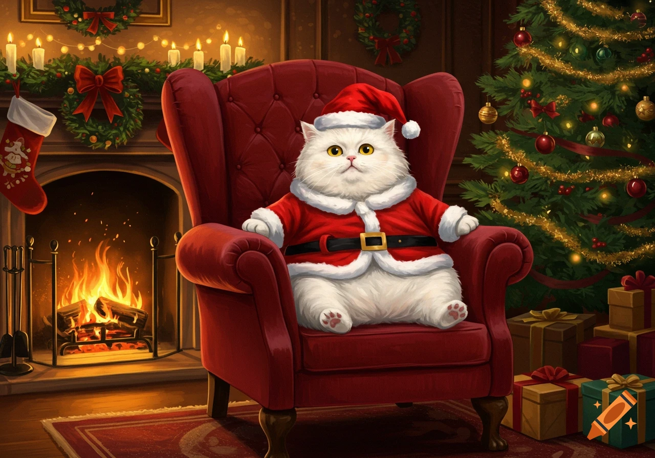 A fluffy white cat wearing a Santa costume sits in a red armchair by a fireplace and Christmas tree.