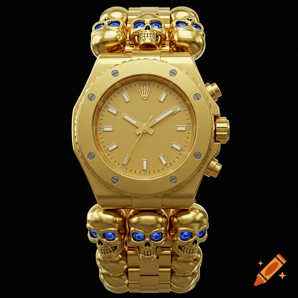 A luxurious gold watch with blue sapphire-eyed skulls on the watch band, against a black background.