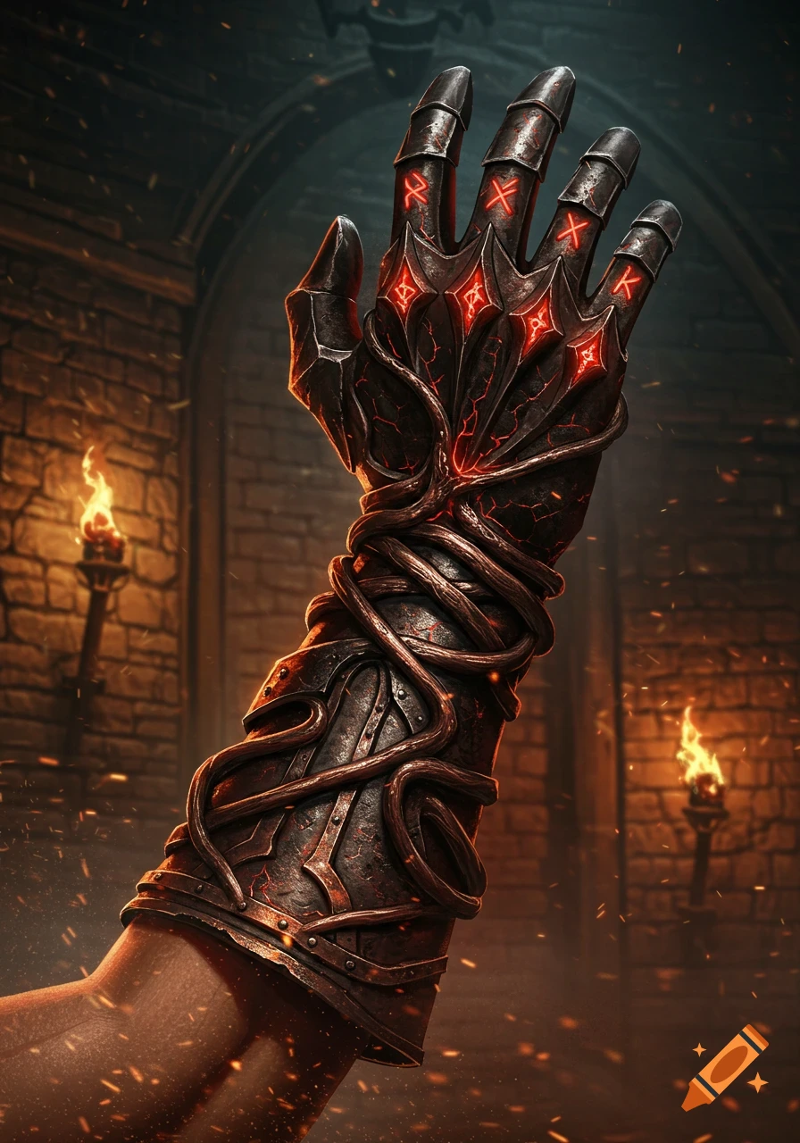 A dark, cracked gauntlet with glowing red symbols and tendrils, seemingly welded to an arm, in a torch-lit dungeon.
