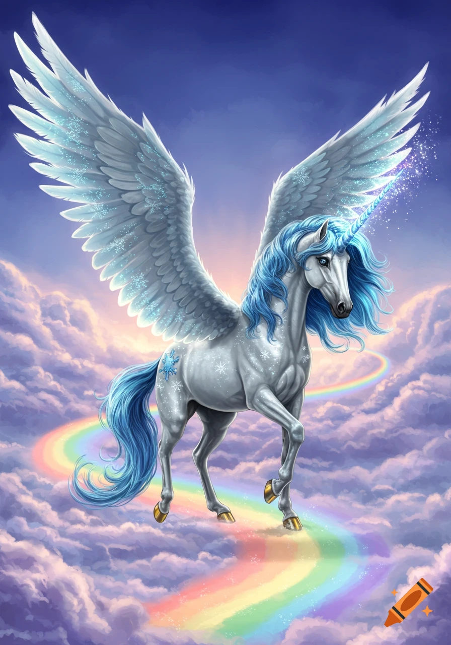 A majestic silver unicorn with a blue mane, blue-tipped sparkling wings, and gold hooves walks on a rainbow path through clouds.