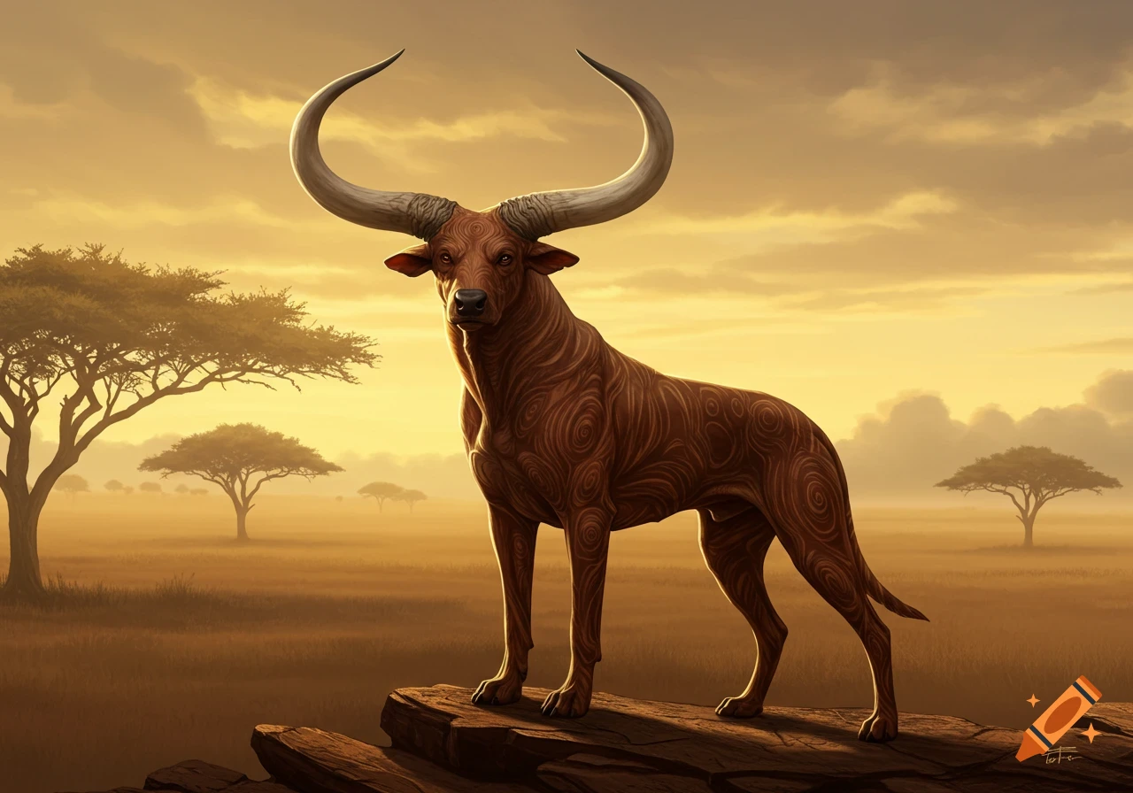 A brown dog-like creature with large bull horns stands on a rock in a golden savanna at sunset. Stylized digital art.