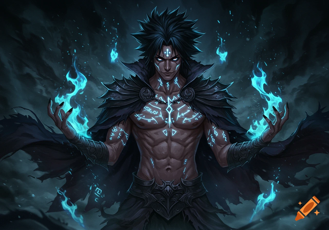 Anime-style male character with black spiky hair, glowing blue runes on his muscular chest and arms, wearing a gothic cloak, summoning blue flames.