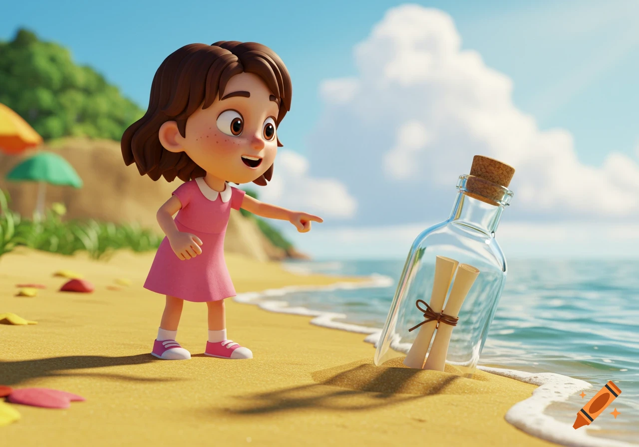A 3D cartoon girl in a pink dress points at a message in a bottle on a sandy beach.