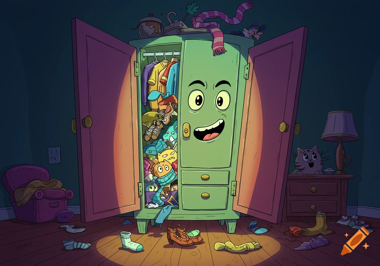 Cartoon of an anthropomorphic green closet with a happy face overflowing with clothes and creatures in a messy, dark bedroom.
