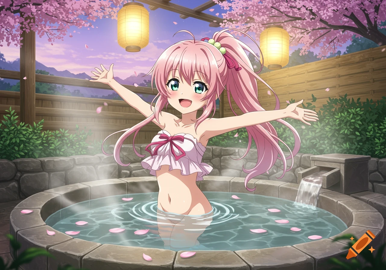 Anime girl with pink hair smiling in an outdoor hot tub with cherry blossoms and lanterns.