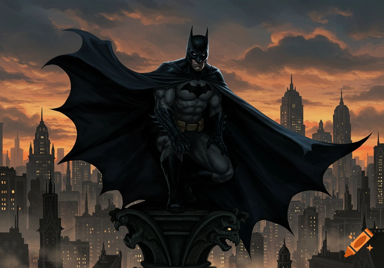 Batman crouches atop a gothic gargoyle, cape spread, overlooking a dark, art deco city skyline at sunset.