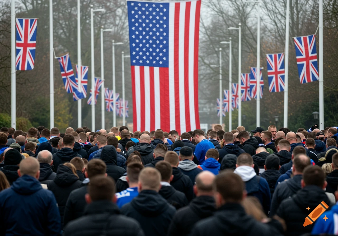 A large crowd of people faces a tall American flag hanging vertically. Union Jacks fly at half-mast on surrounding flagpoles.