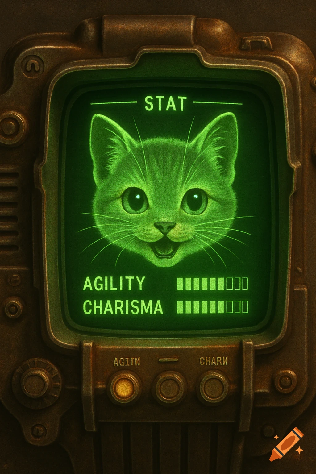 A cute green cat face displayed on a retro-futuristic Pip-Boy screen interface, with stats for agility and charisma, set in a rusty metal casing.