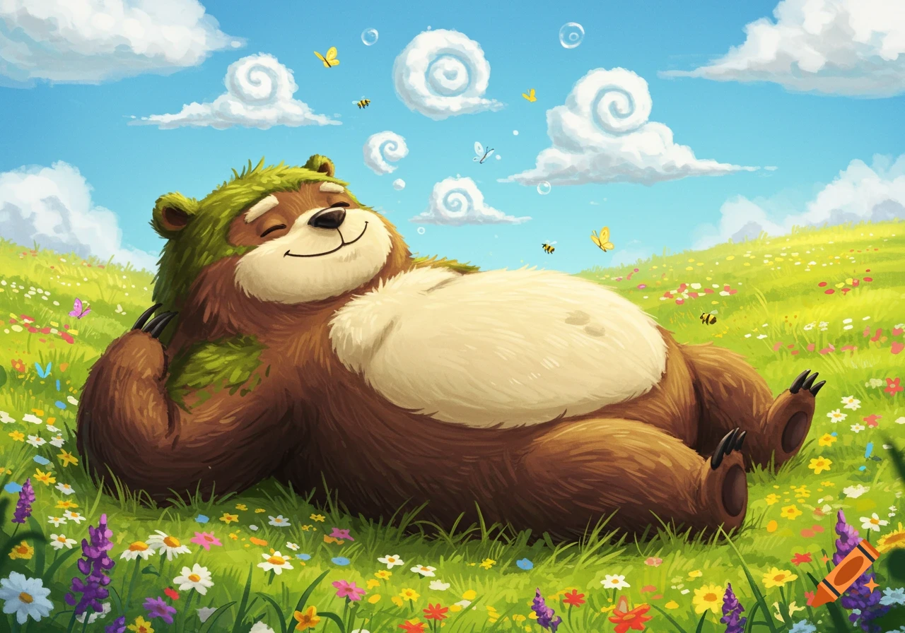 A cuddly, brown and green bear-like fantasy creature relaxes in a lush meadow of colorful flowers under a blue sky with spiral clouds.