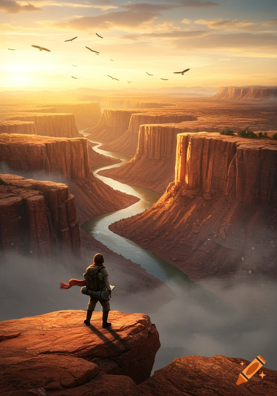 A lone adventurer stands on a cliff overlooking a vast canyon with a winding river at sunset, with birds flying in the sky.