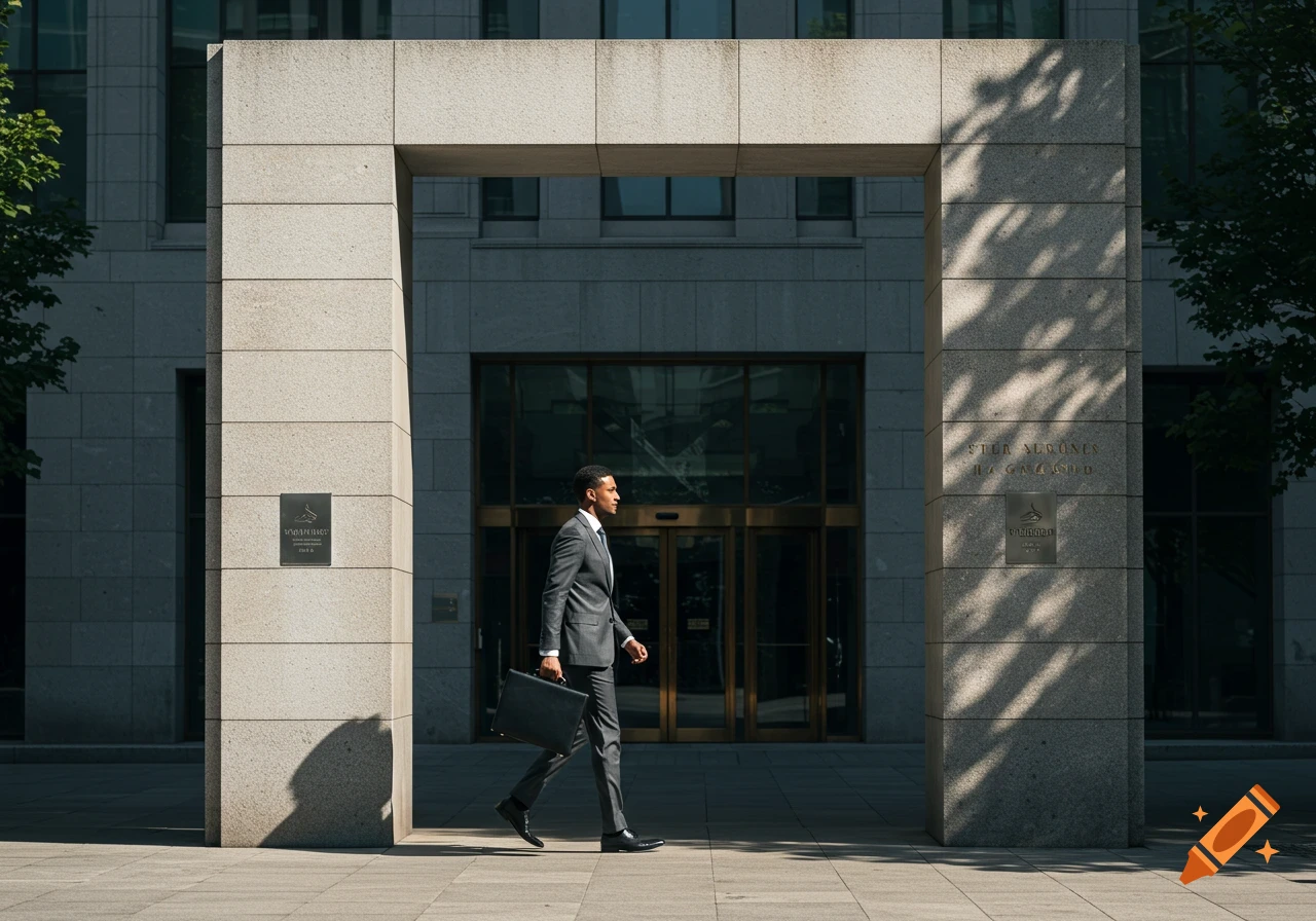 A confident man in a dark suit walks with a briefcase through a modern stone archway towards a building entrance, photorealistic.