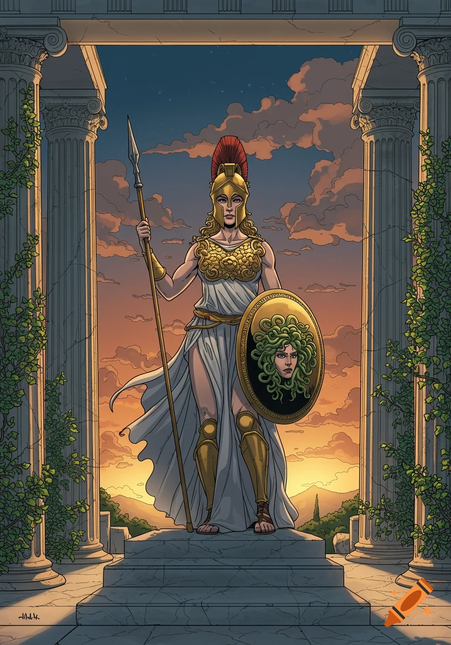Comic art illustration of Athena in full armor, holding a spear and a Medusa shield, standing between columns at sunset.