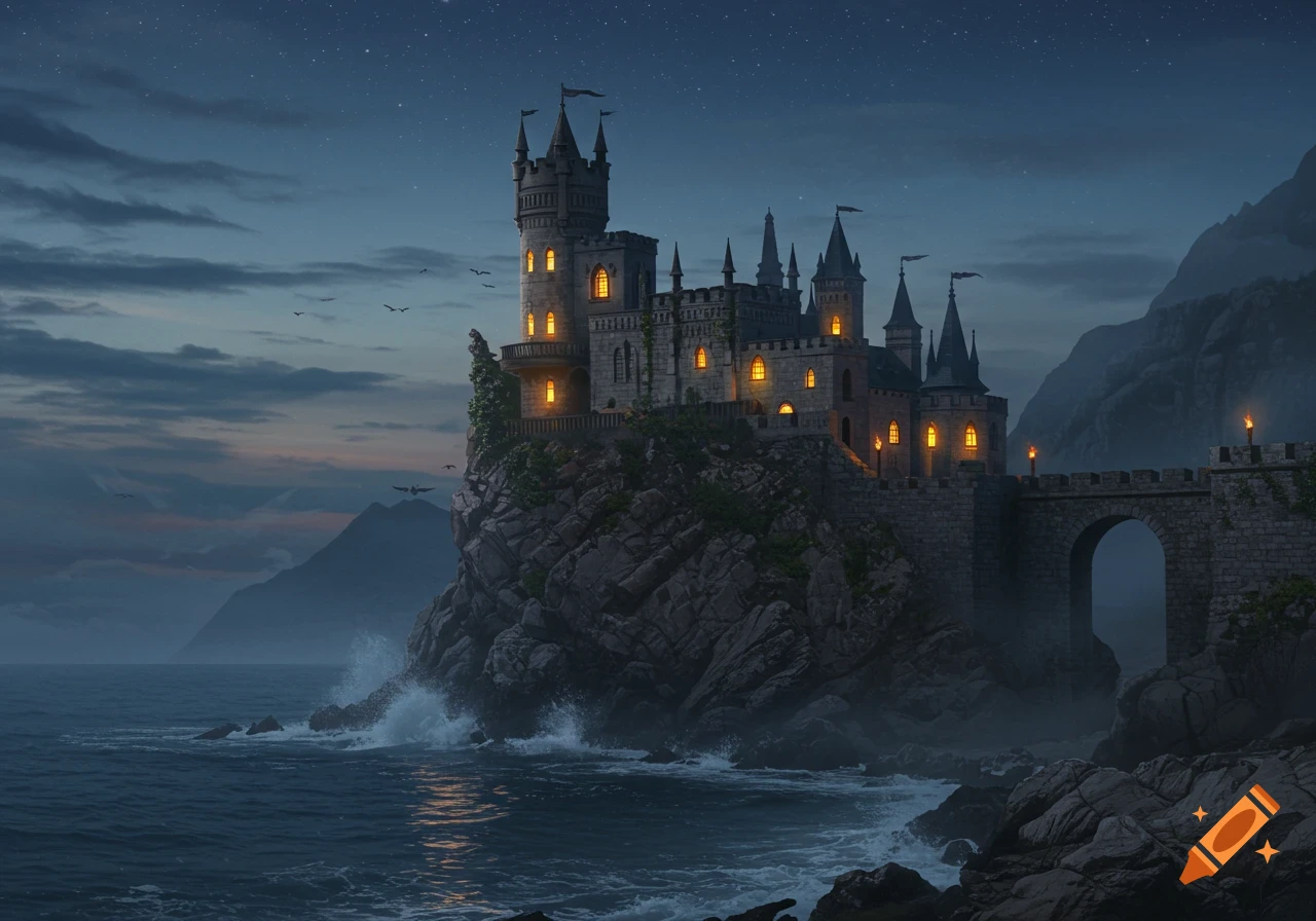A dramatic shot of a towering medieval castle perched on a rocky cliff overlooking a rough sea under a starry night sky.