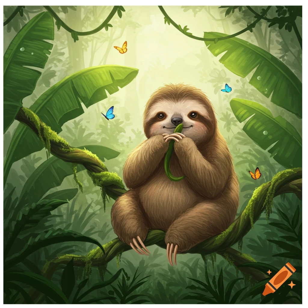 A cute cartoon sloth sits on a mossy vine in a lush jungle, holding a green leaf to its face, with colorful butterflies fluttering around.