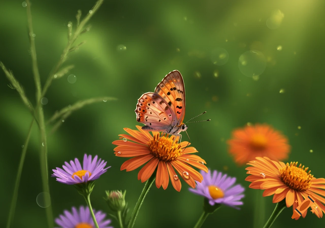 A vibrant orange butterfly with black spots rests on an orange flower, surrounded by purple flowers and green foliage.