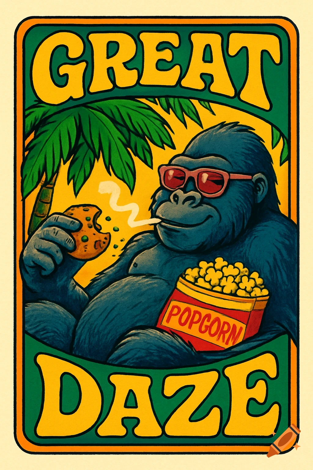 A retro psychedelic illustration of a cool blue gorilla in red sunglasses smoking, eating a cookie, and holding popcorn under a palm tree. Text reads 'GREAT DAZE'.