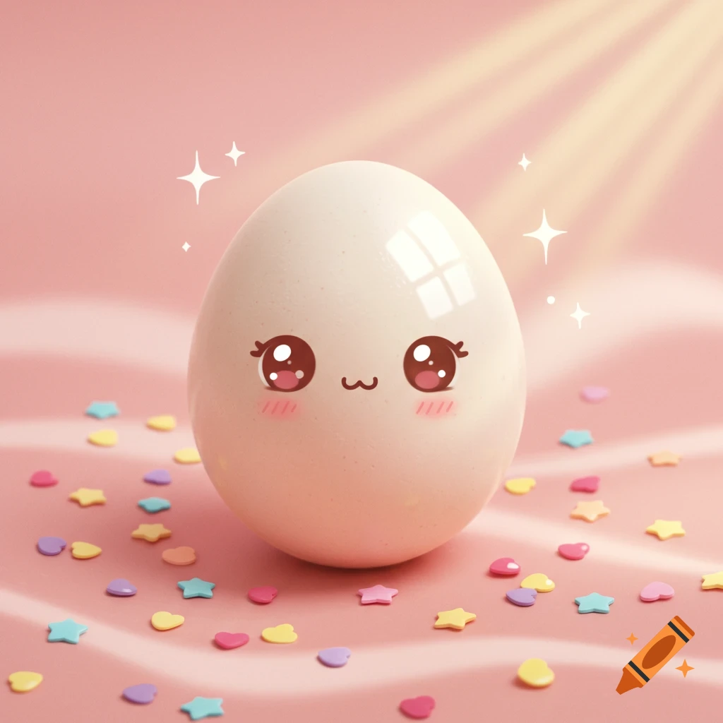 A cute kawaii white egg with a smiling face and blush on a pink surface, surrounded by colorful star and heart sprinkles.
