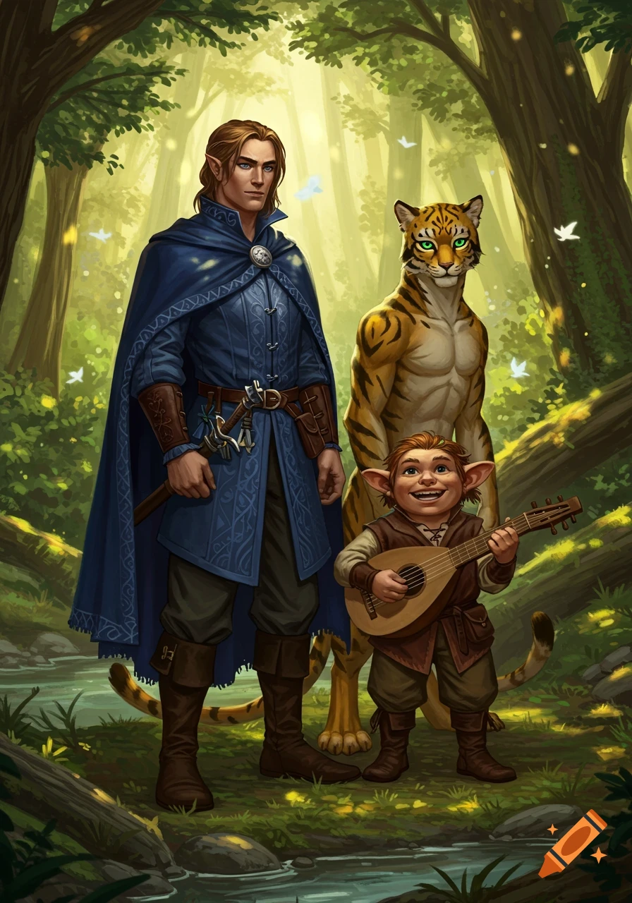 An elf, a tiger-like humanoid, and a halfling playing a lute stand in a sunlit forest. Fantasy art.