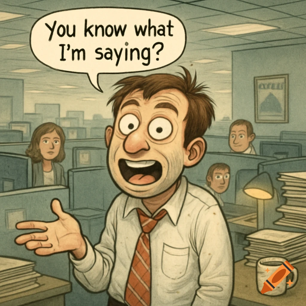A cartoon man in an office cubicle enthusiastically gestures, with a speech bubble reading 'You know what I'm saying?'