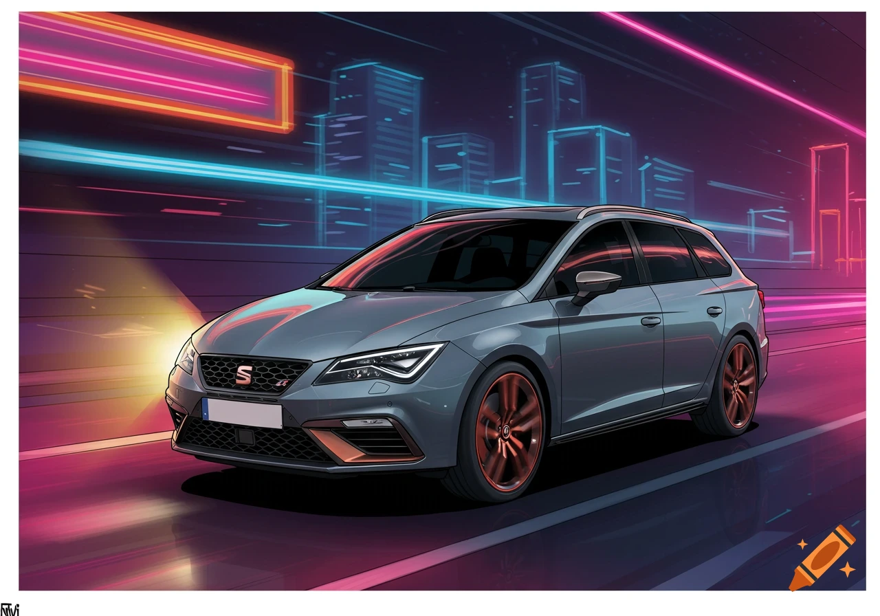 Grey Seat Leon Cupra ST station wagon in a comic art style, driving on a neon-lit futuristic city street at night.