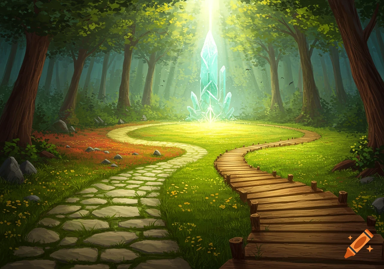 Two winding paths through a lush forest converge at a clearing where a tall, glowing teal crystal shines under a bright light beam.