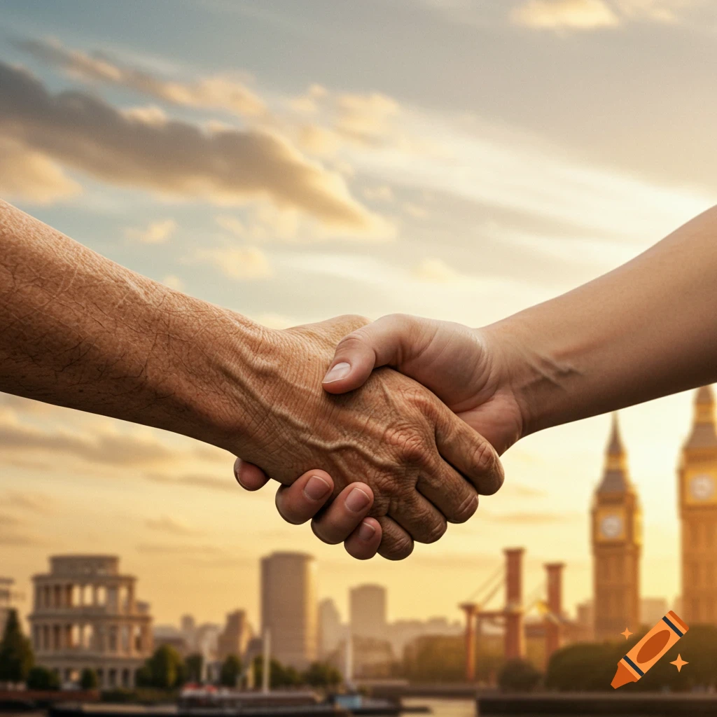 Two hands, one older and one younger, shaking with a blurred London cityscape at sunset in the background.
