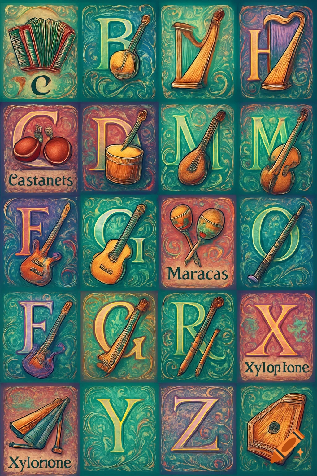 A colorful illustrated chart displays musical instruments for each letter of the alphabet, such as an accordion for C and a harp for H.