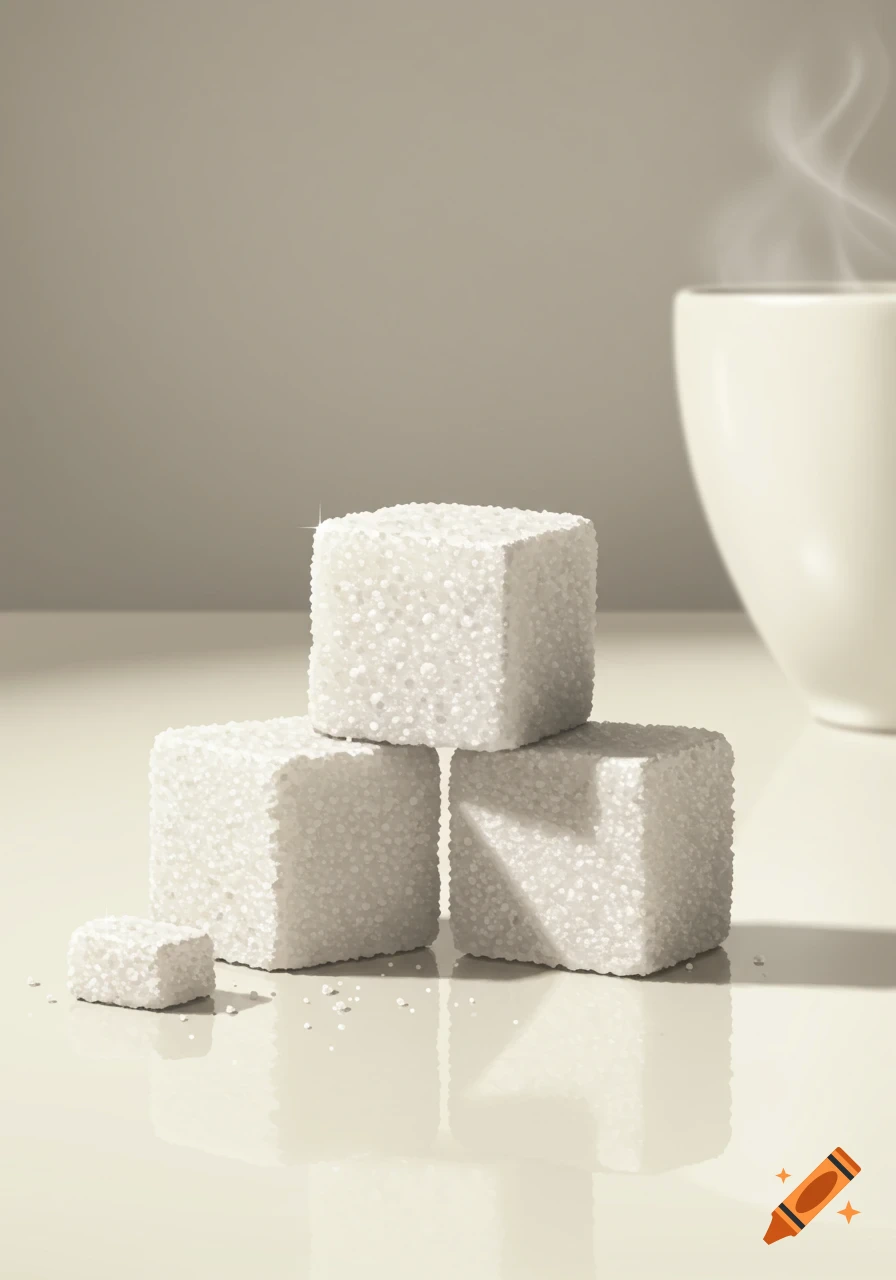 Three white sugar cubes stacked on a reflective surface next to a smaller cube, with a steaming white cup blurred in the background.