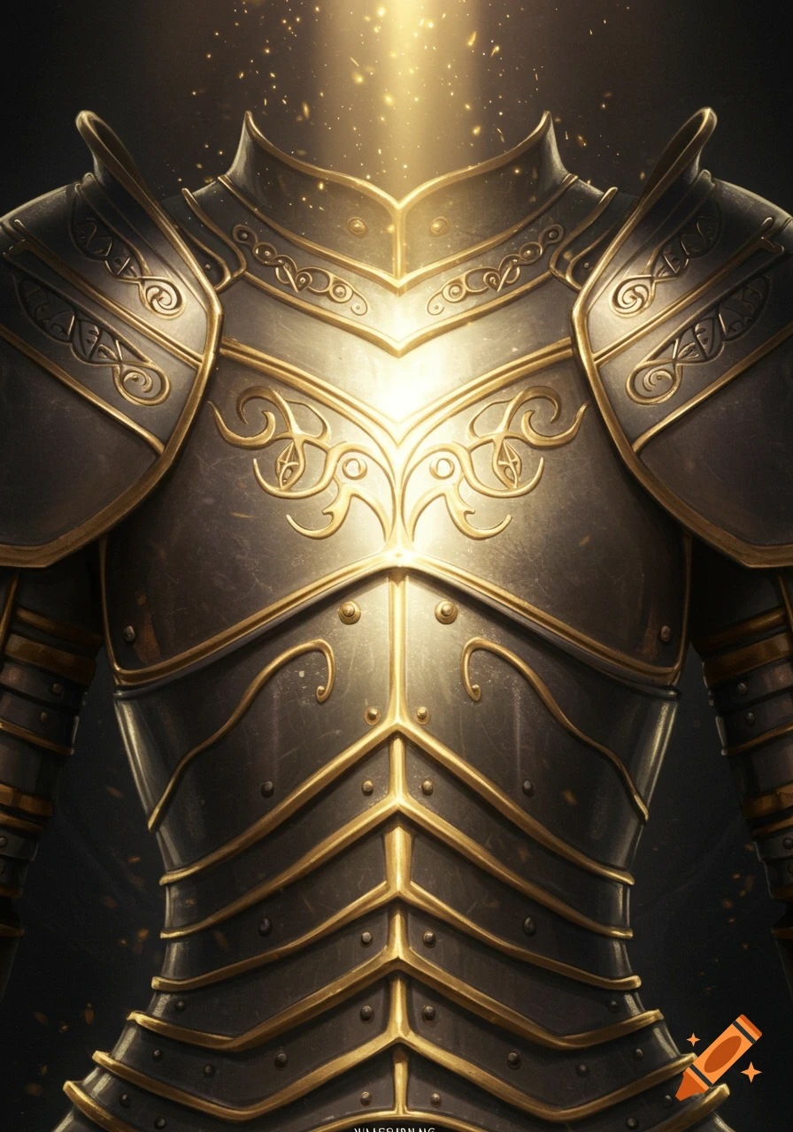 Close view of a brilliant magic heavy fantasy suit of trellised armor with shiny gold and polished metal, glowing with golden light.