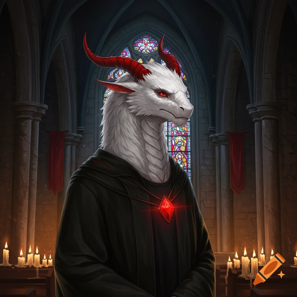 A white furred dragon with red horns and eyes, wearing a black robe and glowing red gemstone, stands in a gothic chapel with stained glass windows and candles.
