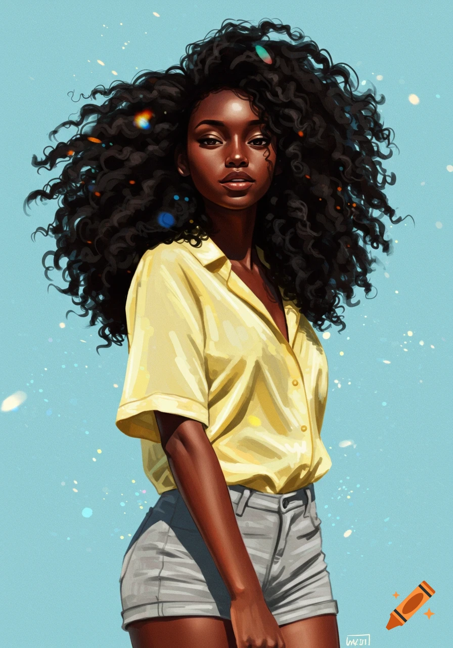 Vibrant illustration of a brown-skinned woman with voluminous black curly hair, wearing a yellow shirt and grey shorts, against a light blue background.