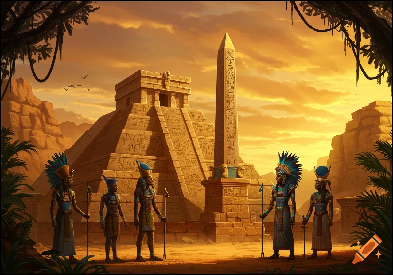 Fantasy art depicting figures in Egyptian and Aztec attire before a blend of pyramid and obelisk structures at sunset.