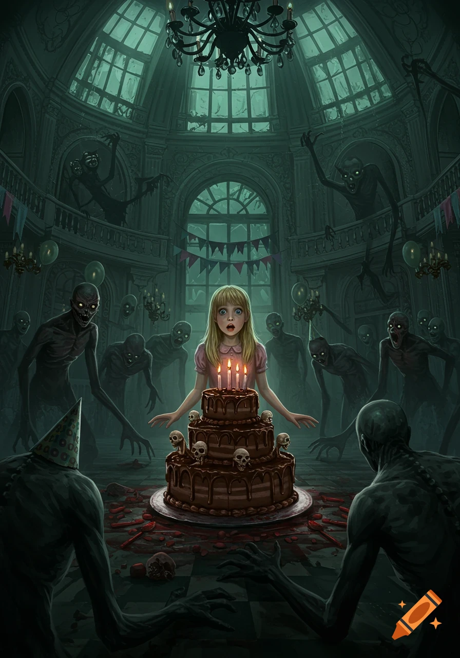 A scared blonde girl stands before a chocolate cake with skulls, surrounded by gaunt monsters in a gothic mansion, a dark fantasy horror illustration.