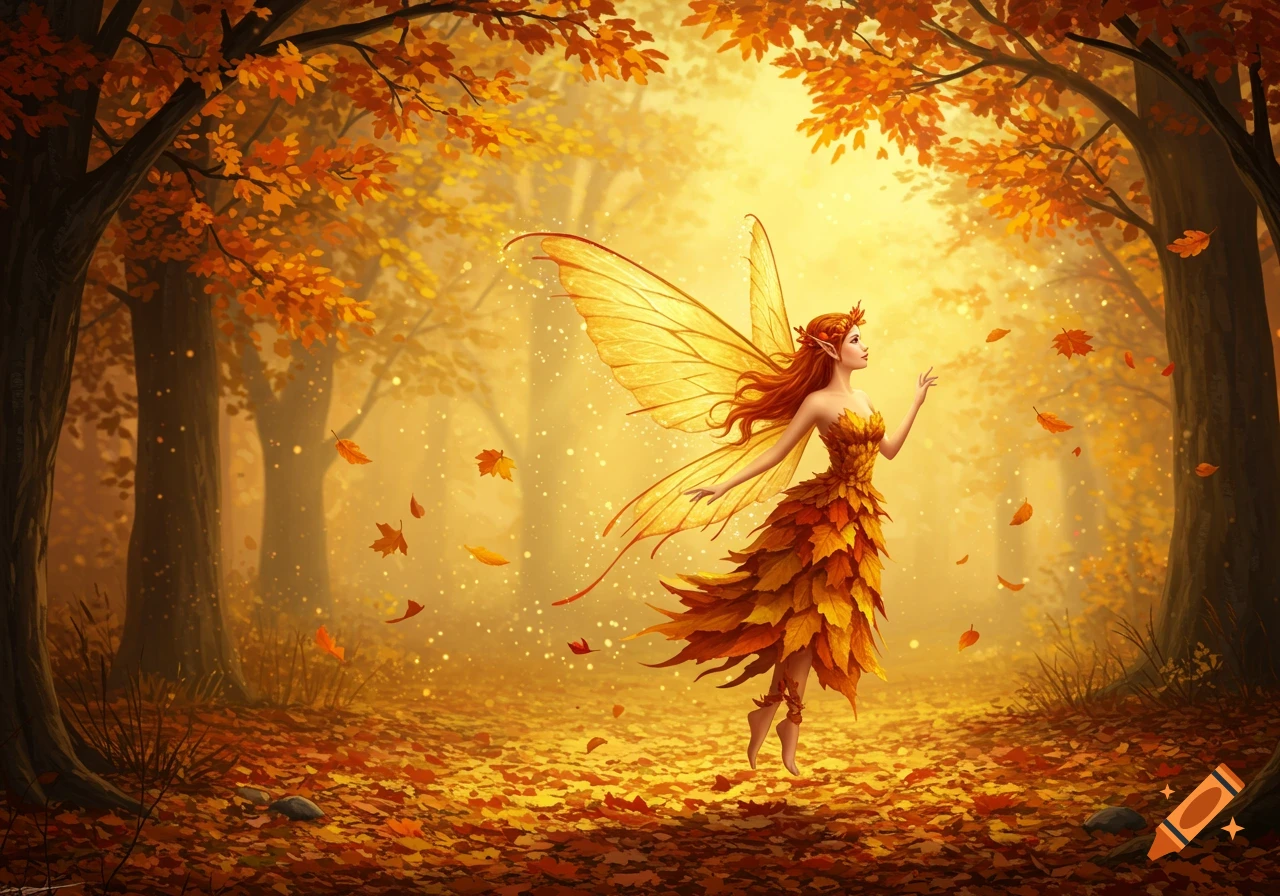 A beautiful autumn fairy with vibrant orange hair, leaf-like wings, and a dress made of leaves floats in a sunlit fall forest.