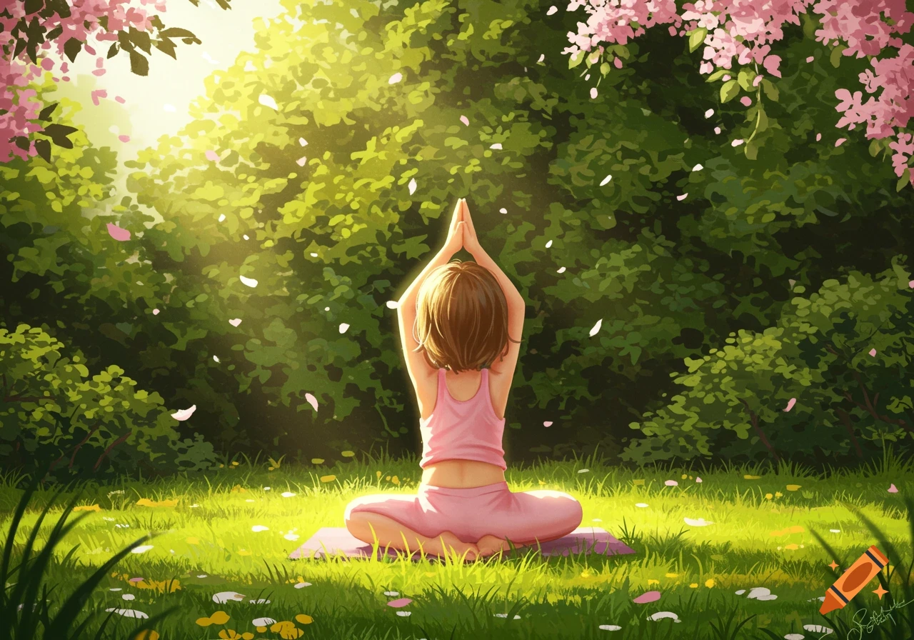 Illustrated little girl doing yoga outdoors on a mat in a sunny, flower-filled garden.
