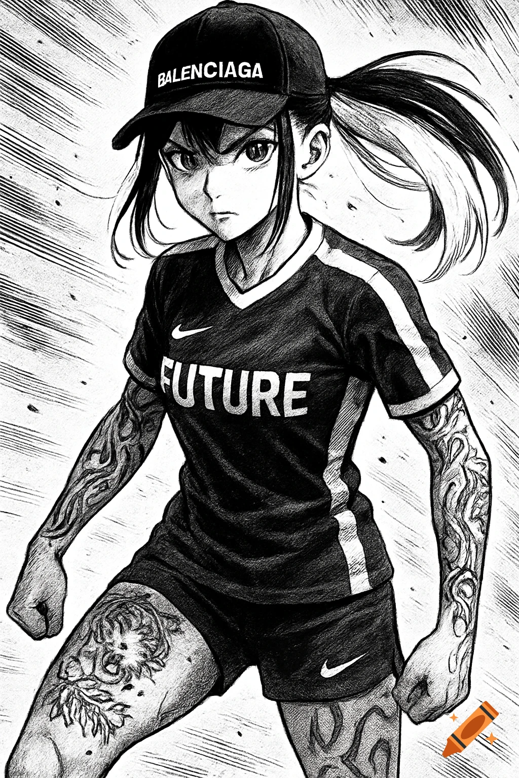 Anime girl in a Balenciaga cap, Nike 'FUTURE' jersey, shorts, and full arm and leg tattoos, in a dynamic manga style.