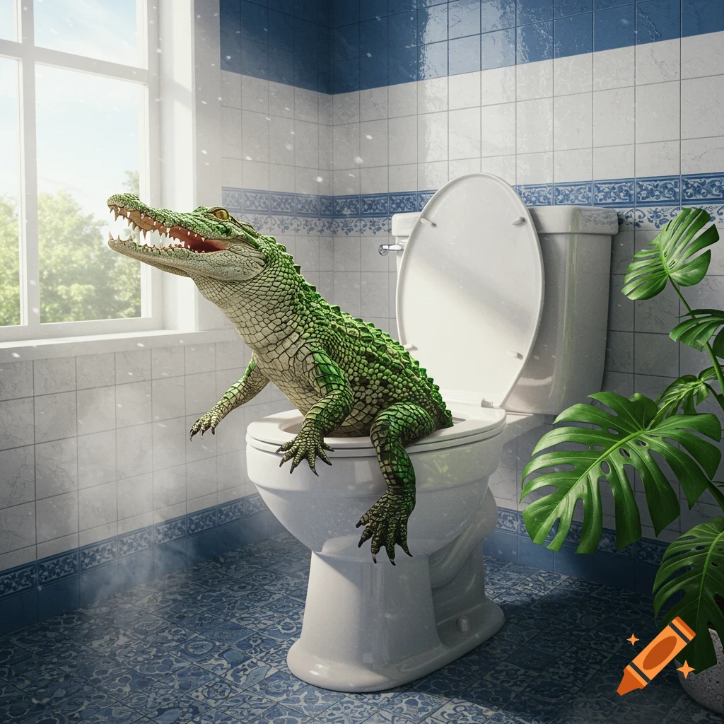 A large green alligator emerges from a white toilet in a tiled bathroom, looking out a sunlit window.