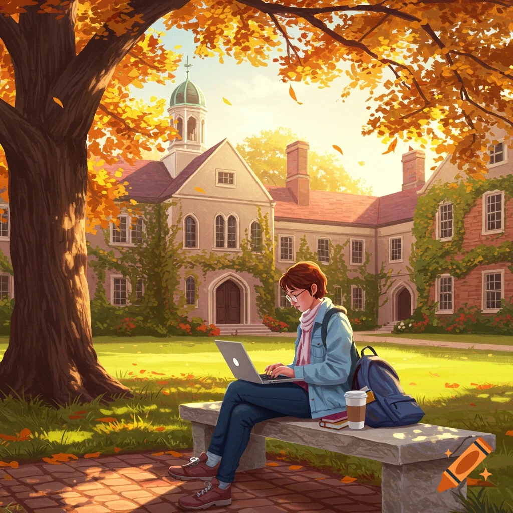 A stylized illustration of a student on a college campus, sitting on a bench in autumn and typing on a laptop.