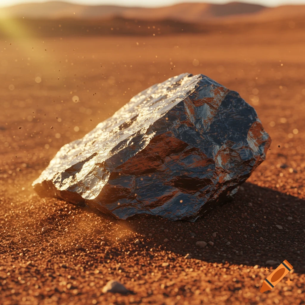 A photorealistic close-up of a large, dark, metallic iron ore rock on reddish desert ground, illuminated by golden sunlight.