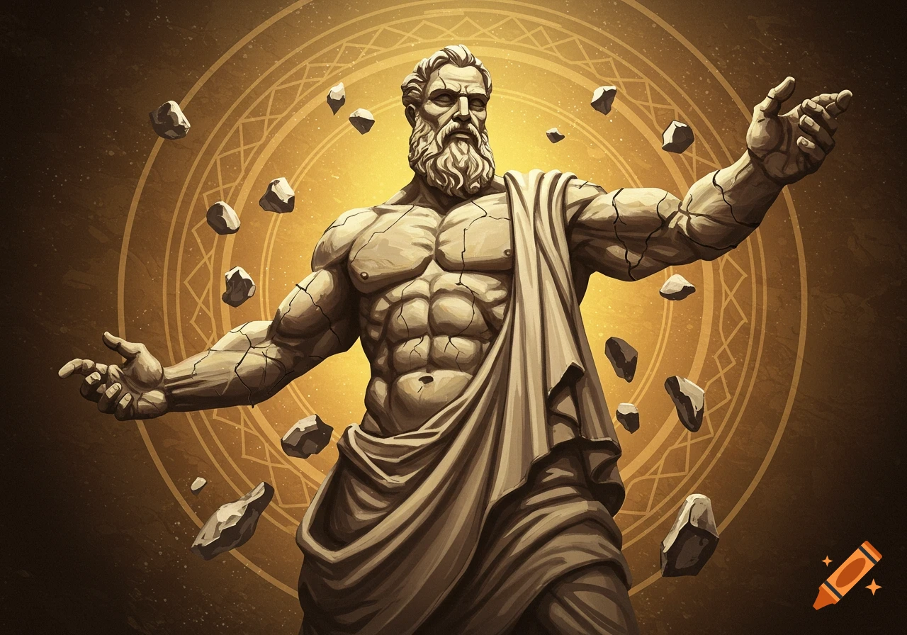 Illustrative stone statue of a muscular, bearded man with cracked skin, arms outstretched, amidst floating rocks and a golden aura.