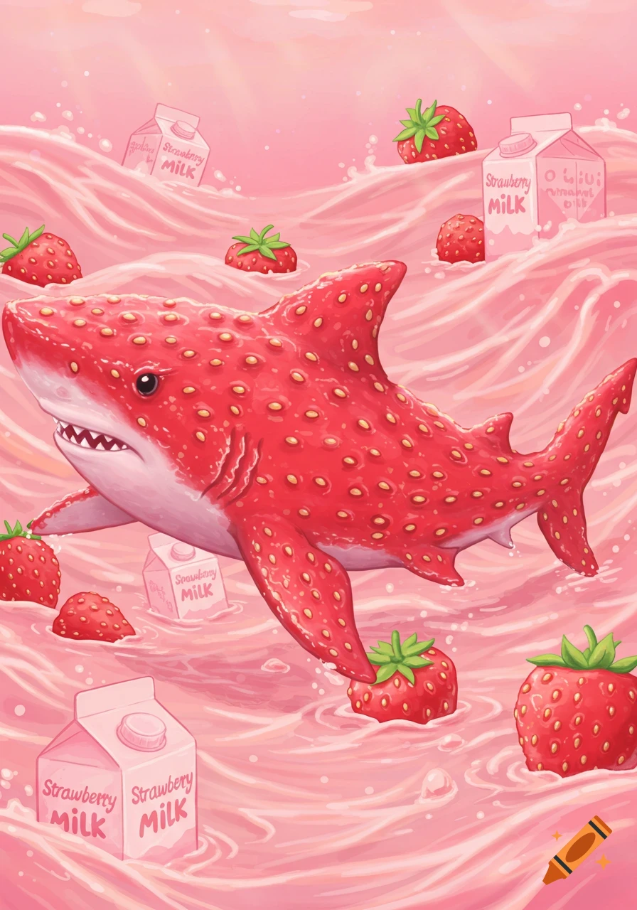 A whimsical illustration of a red shark covered in strawberry seeds, swimming in a wavy sea of pink strawberry milk with floating whole strawberries and milk cartons.