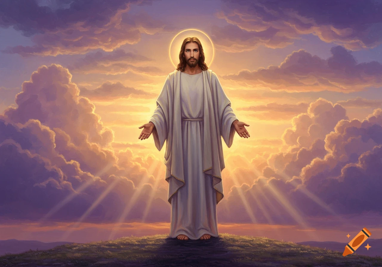 Jesus Christ with a halo stands on a hill against a dramatic sunset sky with outstretched arms, rays of light shining.